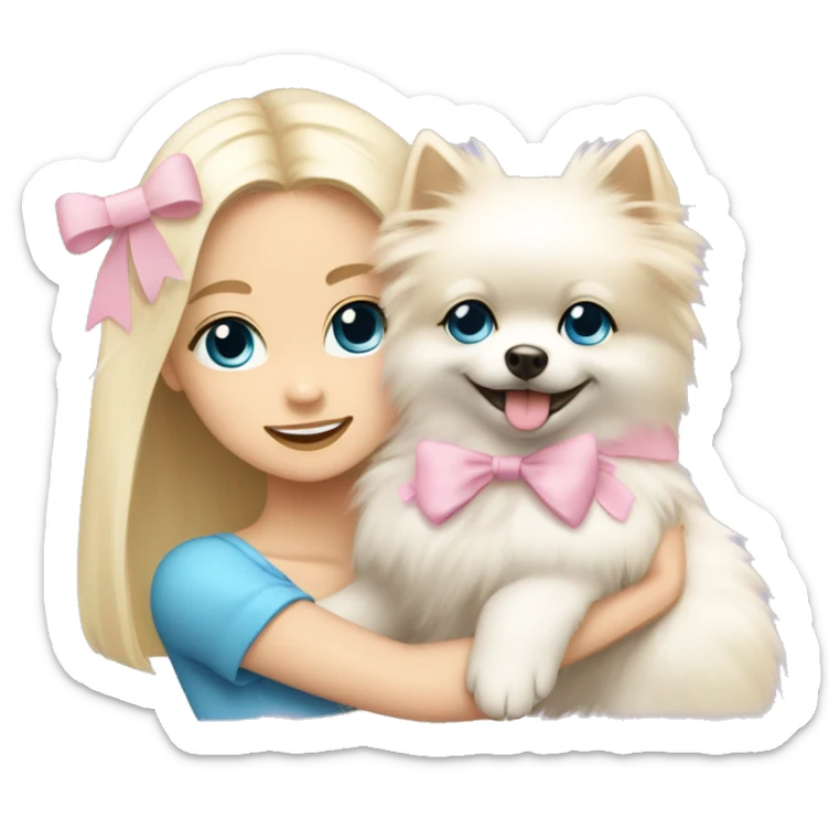 Blond girl white skin blue eyes hugging white Pomeranian with light pink bow sticker
