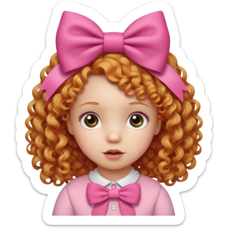 Strawberry blonde curly haired toddler girl wearing big pink bow sticker