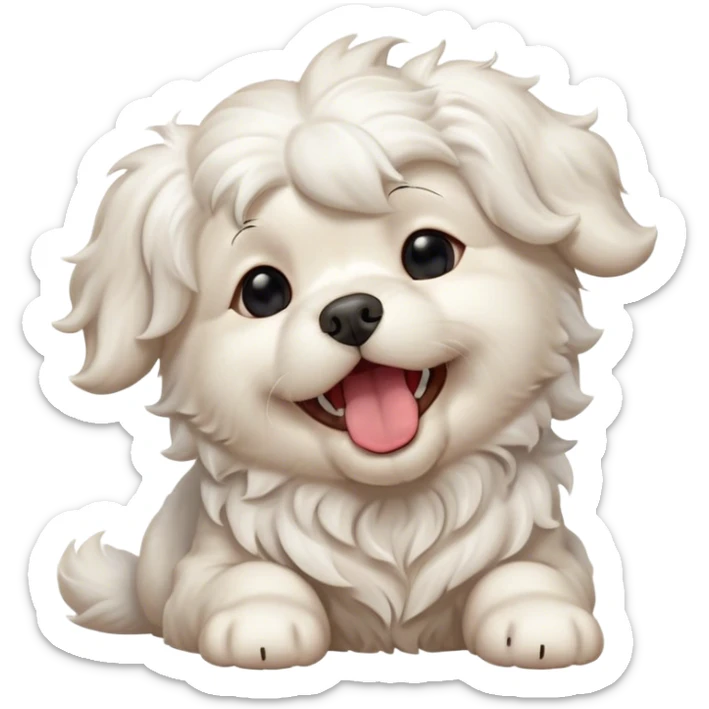 Cinematic Cute Yawning Wavy-Haired Maltese Dog Portrait Emoji, Head tilted slightly with a dramatic, wide-open yawn, showcasing a lustrous, wavy-haired white coat with gentle highlights, floppy ears slightly drooping, round dark eyes barely open in drowsy contentment, Simplified yet irresistibly adorable features, highly detailed, glowing with a soft, cozy glow, high shine, relaxed yet expressive, stylized with a touch of whimsy, bright and endearing, soft glowing outline, capturing the essence of a sleepy yet affectionate companion, so drowsy it feels like it could stretch right out of the screen and curl up for a nap! sticker