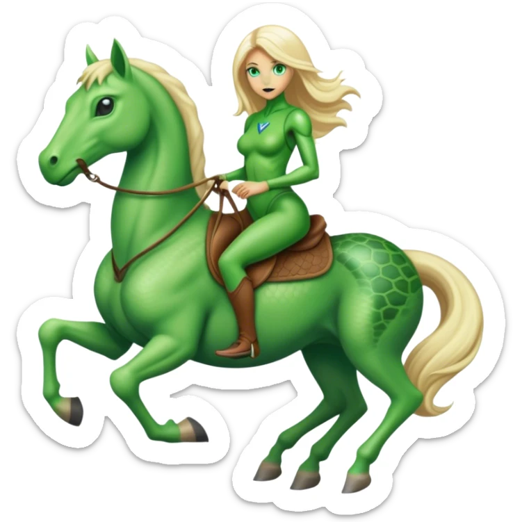 reptilian alien green woman, rides blonde horse
 sticker