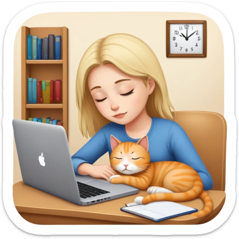 A girl is working hard in front of her laptop, and a cat is sleeping next to it sticker