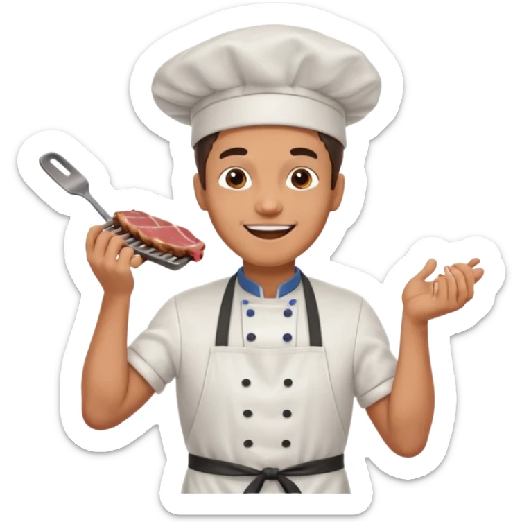 A cheerful man in an apron flipping meat on a sizzling grill with smoke puffing upward. sticker