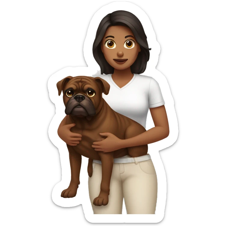 Woman with dark hair holding a brown bulldog with dark brown face sticker