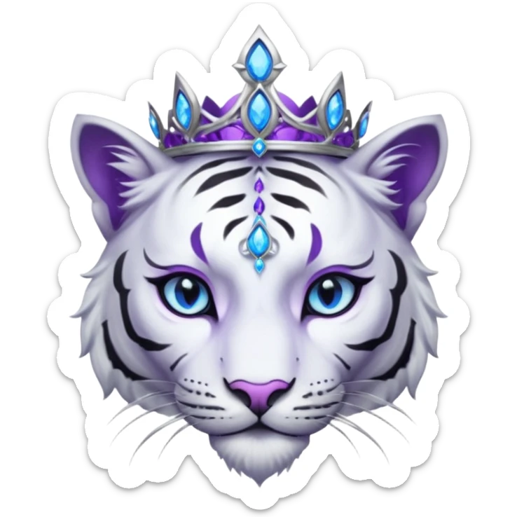 ESO Female white/black tiger khajiit leader of the umbral rose, glowing blue eyes, glowing blue 'third eye' gem; beautiful desined purple gemmed silver tiara sticker