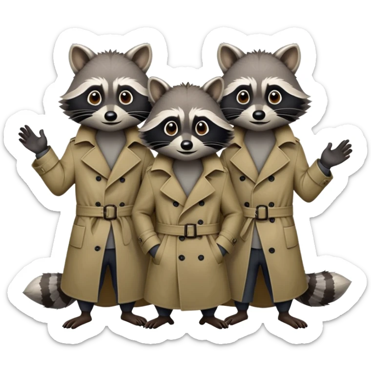 Three mischievious raccoons standing on top of each other pretending to be one person in a  single trench coat sticker