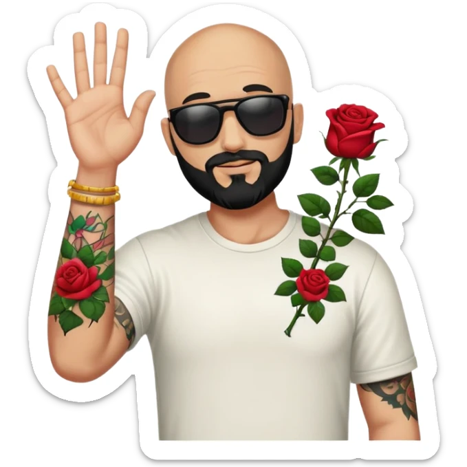  Bald man with sunglasses black beard raising hand with only one colorful roses tattoo on forearm  sticker