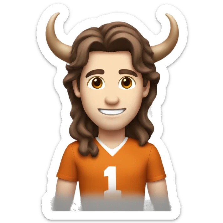 Brown hair, pale skin, male with hook em horns for University of Texas Longhorn. sticker