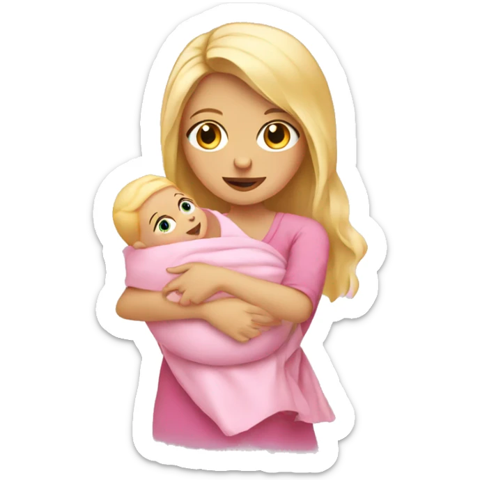 Blonde girl holding a new born baby while the baby is wrapped in pink. sticker