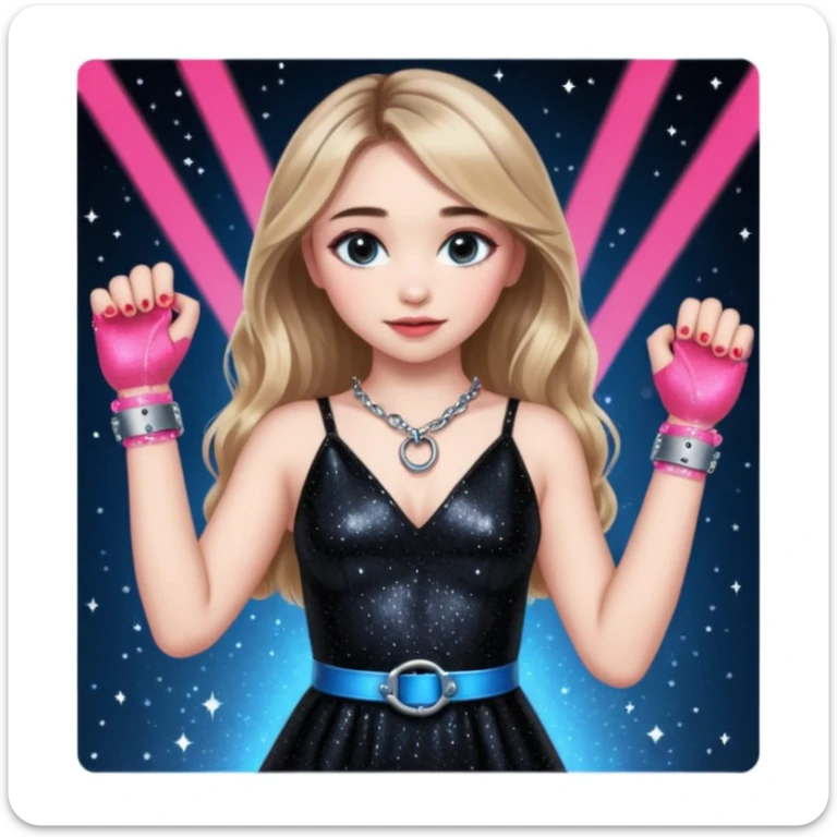 Sabrina carpenter at concert wearing a black sparkly dress with a silver sparkle v neck she is holding up pink handcuffs towards audience and kneeling, blue and red lights setting  sticker