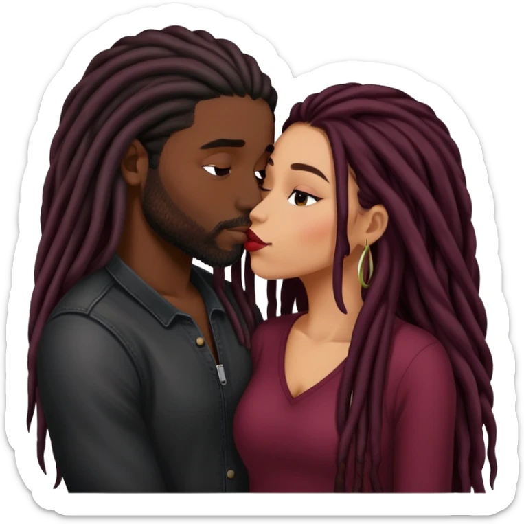 Dark Wine colored hair Latina long hair, kissing black guy with dreads sticker