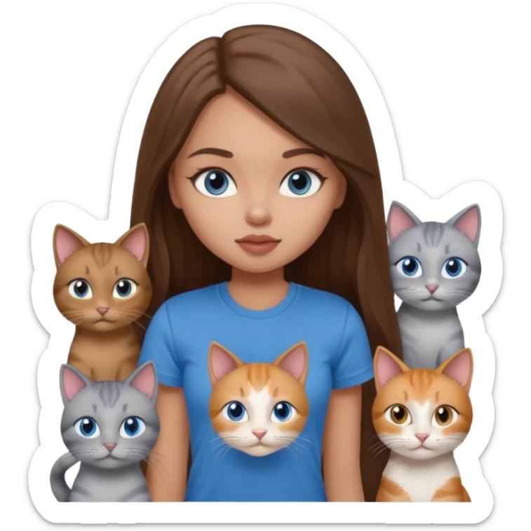 a pretty bratz dusky light skin girl with long brown hair, blue eyes with six cats nd wearing a grey tshirt sticker