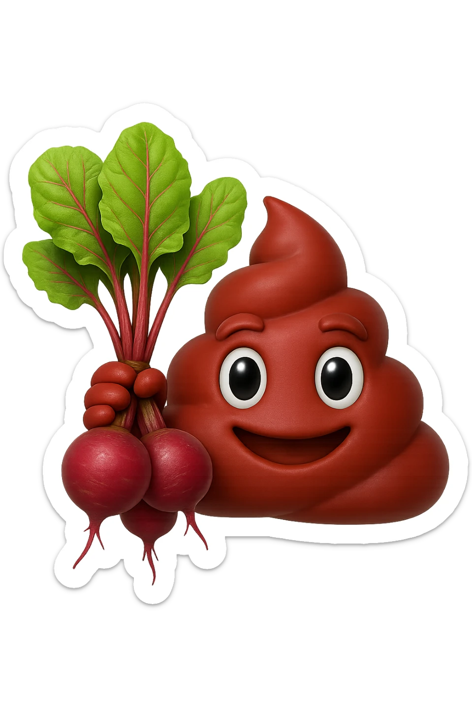emoji stile iphone 3d di una cacca rossa con barbabietole in mano, iperrealistiche 4k sticker
