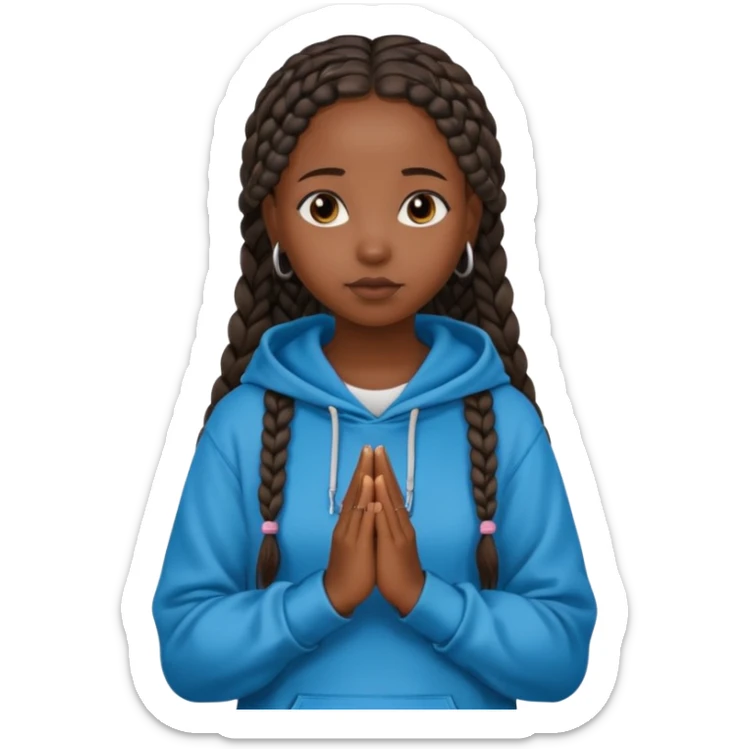 African American girl dark skin with long box braids and plain black hoodie with prayer hands sticker