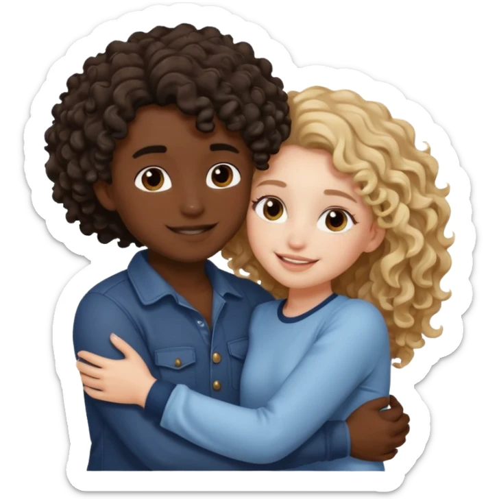 a boy with black skin and curly hairs and a girl with white skin light brown wavy hairs, they are hugging and happy sticker