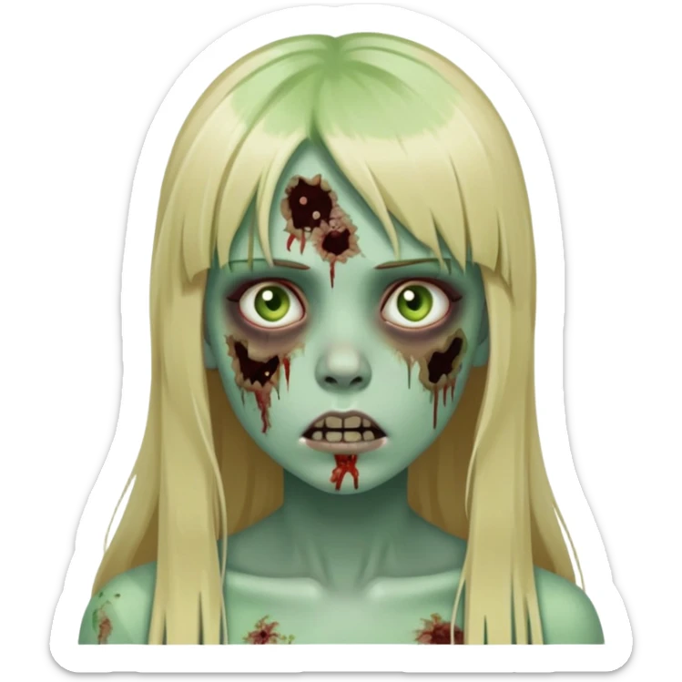zombie girl with pale green skin, visible wounds, long blonde hair with straight bangs, dead eyes sticker