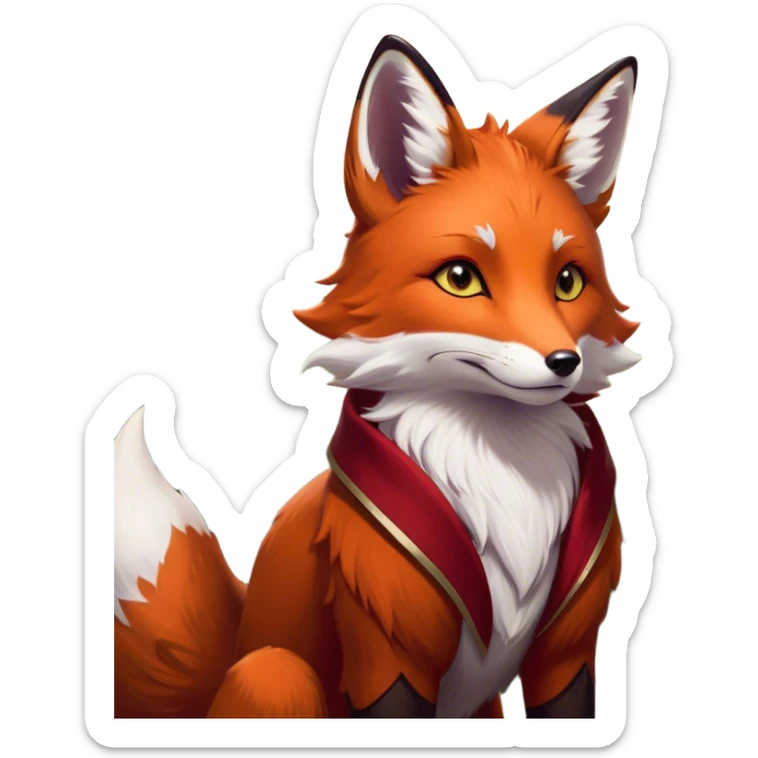 Cinematic Noble Fox Portrait Emoji, Poised and regal, with a lithe, agile build and a lush, fiery red Fur accented by white markings on the chest and tip of the tail, deep-set soulful amber eyes, Simplified yet sharp and sophisticated features, highly detailed, glowing with a warm, dignified glow, high shine, intelligent and cunning, stylized with an air of wild elegance, focused and attentive, soft glowing outline, capturing the essence of a watchful and confident forest wanderer, so majestic it feels as though it could dash out of the screen with effortless authority! sticker