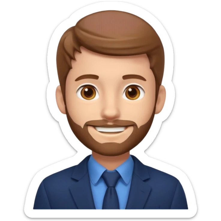 Emoji 3D estilo Apple de um jovem com pele clara, cabelo castanho claro, olhos castanho escuro, barba rala, sorrindo, de blazer elegante e brinco prateado. sticker