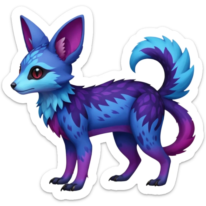 Feral Rare realistic edgy black-blue-burgundy-violet-gradients pretty beautiful handsome gorgeous aesthetic colorful vibrant Vernid-Trico-species-Fakemon-creature by LiLaiRa, random markings, tufted ears, full body sticker