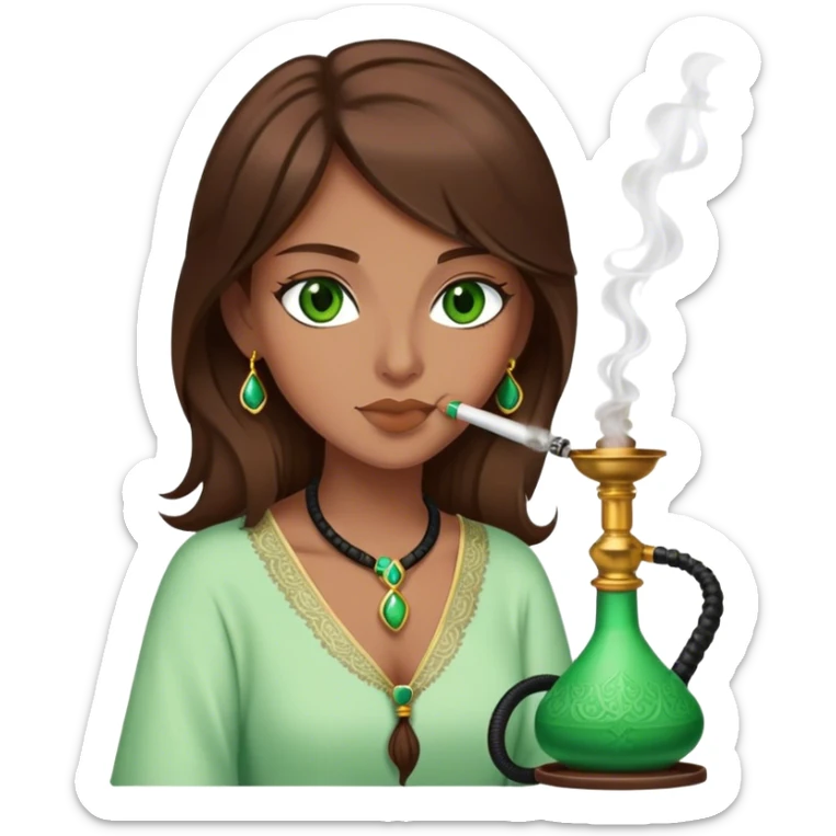 Person with hookah brown hair green eyes with less tan skin darker and longer hair sticker