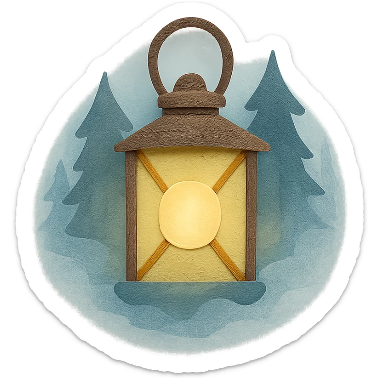 a lantern glowing softly in the misty woods, calm and dreamy feel, paper craft style sticker