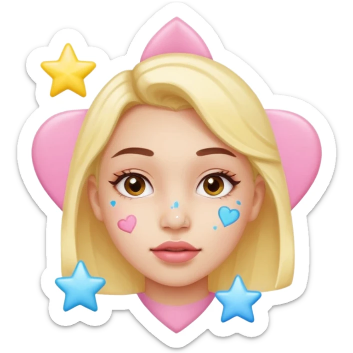 A cute emoji-style young woman with a small pimple on her cheek covered by a colorful pimple patch shaped like a star or heart,The sticker is glossy and pastel-colored (pink, yellow, blue). sticker