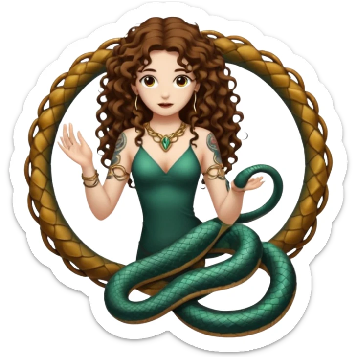 full body woman long curly brown hair brown eyes white skin tattoos ouroboros serpent ring floating behind her like halo sticker