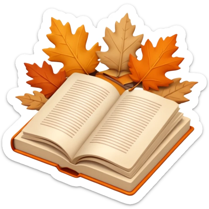A cute 3D emoji of an open book with autumn leaves around it, cozy fall colors (orange, brown, beige), playful and modern style, glossy finish, minimalistic but expressive, symbolizing a Fall Reading Challenge. sticker