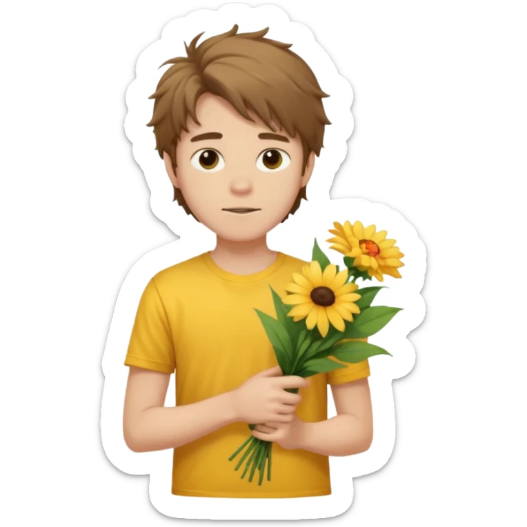 generate an ios genmoji of a 20 year old fair boy with brown long and messy hair with light beard on cheeks. carrying a flower bouquet, wearing a yellow tshirt, looking shy.  sticker