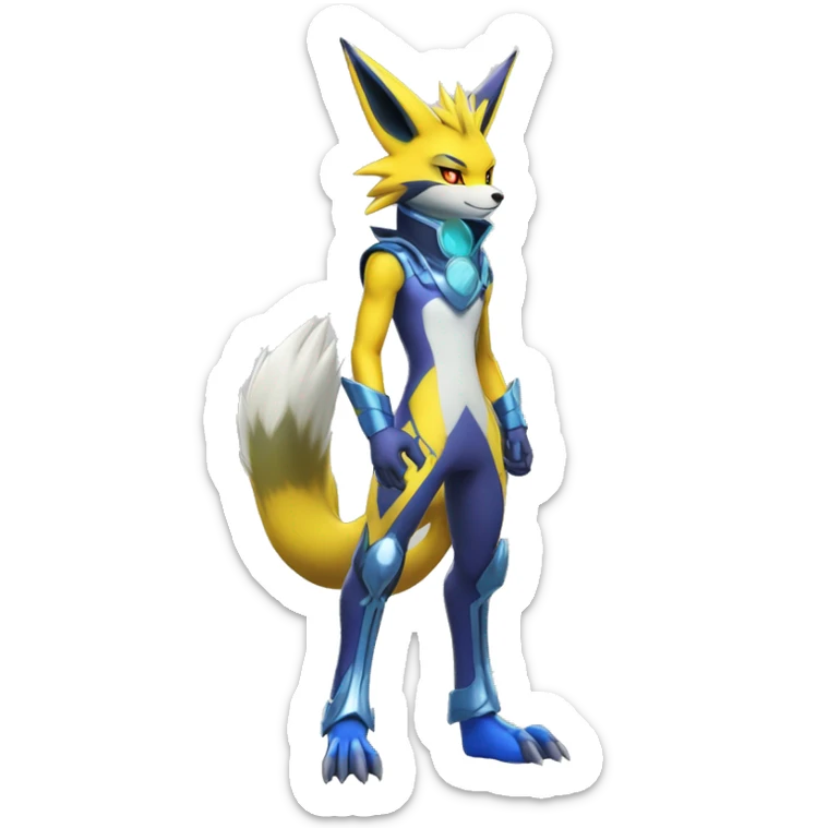 Shiny Colorful Anthro Edgy Cool Sonic-Zeraora-Renamon-Pokémon-Fakémon with shiny blue markings Full Body Detailed High Quality  sticker