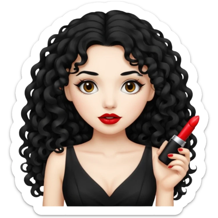 long black curly hair with white skin black dress and lipstick sticker