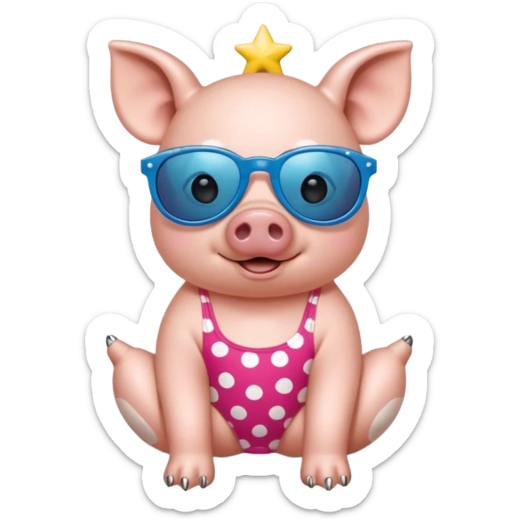cute pig wearing  star-shaped sunglasses and polka dot bathing suit on all fours with nail polish, with a name tag saying hi my name is gerald sticker