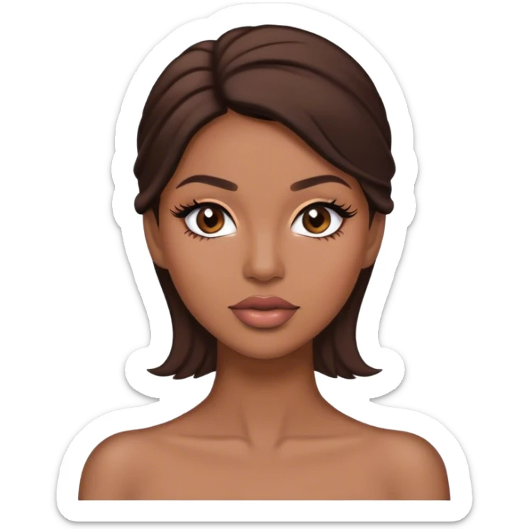 Medium light brown skin woman with dark brown hair, lashes and nude lip color sticker