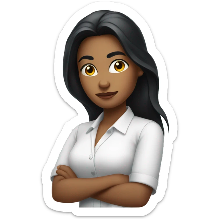 A woman with a confident expression, arms crossed, long black hair, wearing a bright white shirt
 sticker