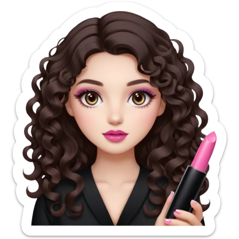 A girl with long dark brown hair styled in loose 36mm curls, beautiful round-almond eyes with long curled lashes in Douyin style. Her makeup is cool-tone neutral. She’s holding a pink lipstick similar to Rhode’s shade in one hand. sticker
