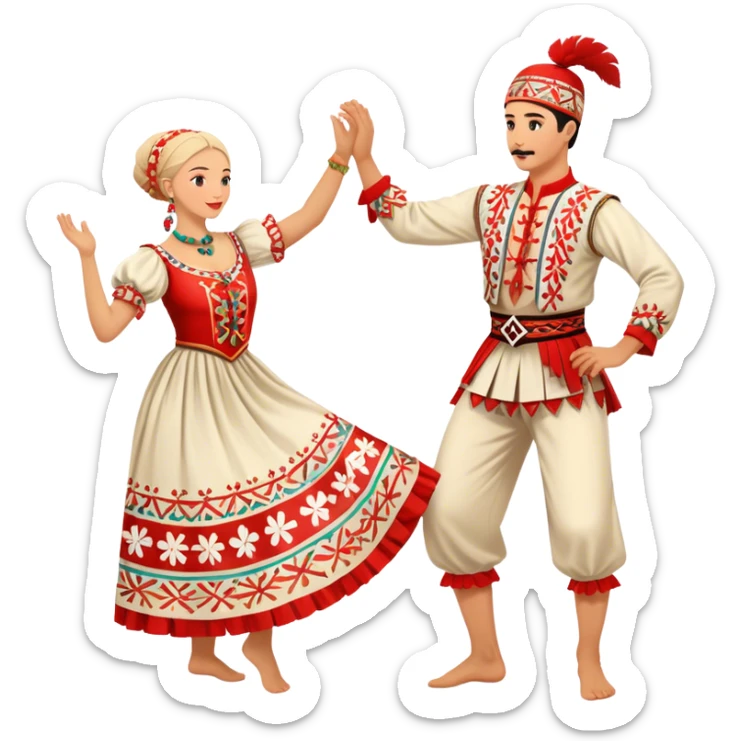 Cinematic Realistic scene of two performers engaging in the Croatian Linđo folk dance, adorned in vibrant traditional costumes with intricate patterns and accessories, captured in graceful, synchronized motion under festive natural lighting. sticker