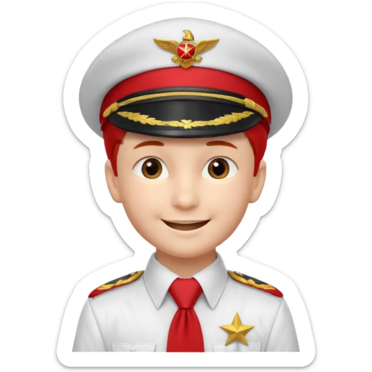A Soviet pioneer emoji — smiling young boy wearing a white shirt with a bright red pioneer necktie and a classic red pilotka cap. The pilotka should look like a Soviet military cap, not a cowboy hat. Flat, smooth 3D shading sticker