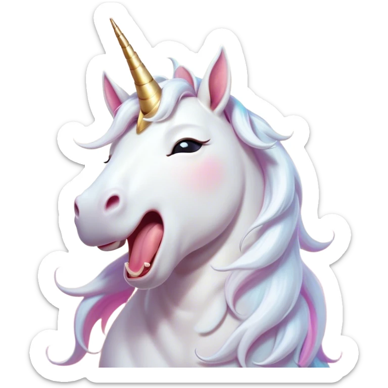 Cinematic Cute Yawning White Unicorn Portrait Emoji, Head tilted slightly with a dramatic, wide-open yawn, showcasing a softly elegant form with a gently cascading mane, a subtly glowing horn and sleepy, half-closed eyes, Simplified yet irresistibly adorable features, highly detailed, glowing with a soft, cozy magical glow, high shine, relaxed yet expressive, stylized with a dash of whimsical enchantment, soft glowing outline, capturing the essence of a drowsy yet affectionate white unicorn that appears ready to stretch and yawn its way out of the screen! sticker
