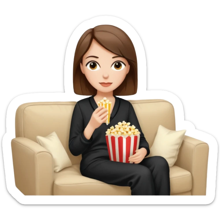 Stylish white woman with brown hair with makeup in black pyjama watching tv with popcorn on beige couch sticker