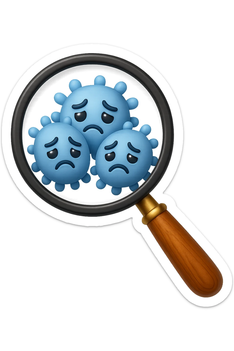 EMOJI STILE IPHONE DI una lente di ingrandimento che inquadra un cumulo di batteri intestinali tristi, IPERREALISTICO 4K sticker