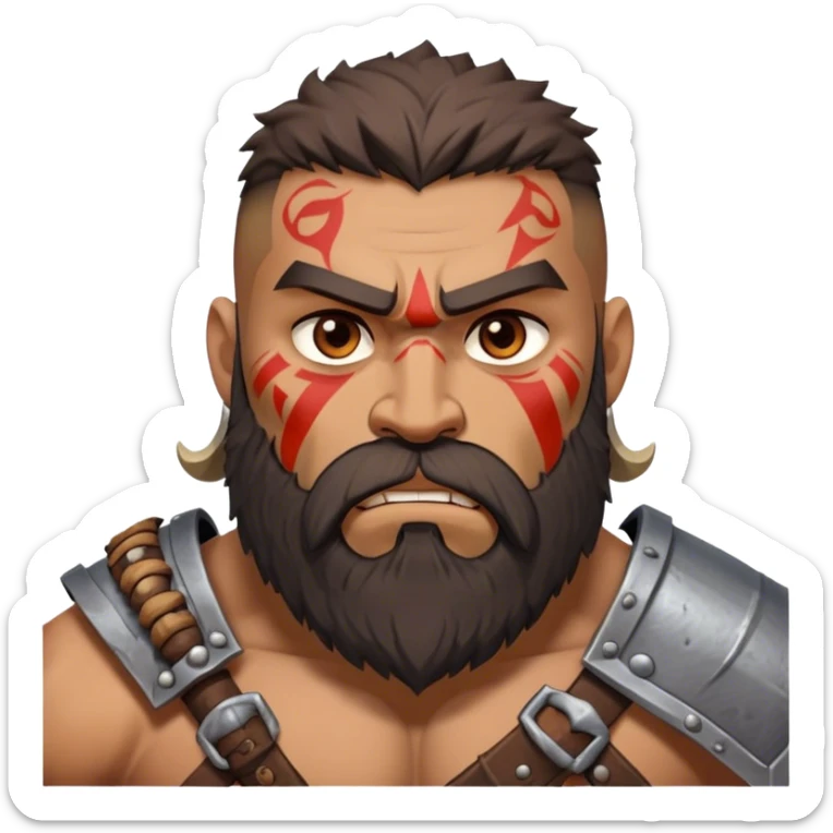 Clash of Clans aesthetic: Cinematic Rugged Barbarian Portrait Emoji, Intense and formidable with a heavily muscled physique, a rugged beard, piercing eyes, and battle-worn armor adorned with tribal markings, his expression fierce and resolute, Simplified yet powerfully detailed features, highly detailed, glowing with a deep, primal energy, high shine, gritty and uncompromising, stylized with an air of raw, untamed power, focused and determined, soft glowing outline, capturing the essence of a barbarian warrior carved by countless battles and poised to lead his clan into epic conflict! sticker