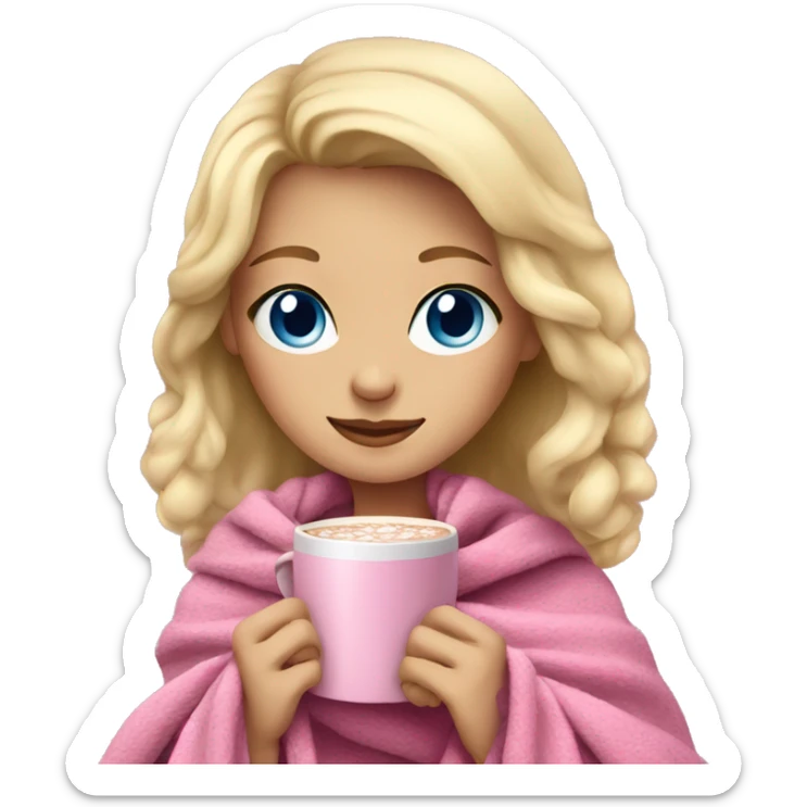 A blonde girl with blue eyes with a pink blanket around her with hot chocolate in her hand sticker