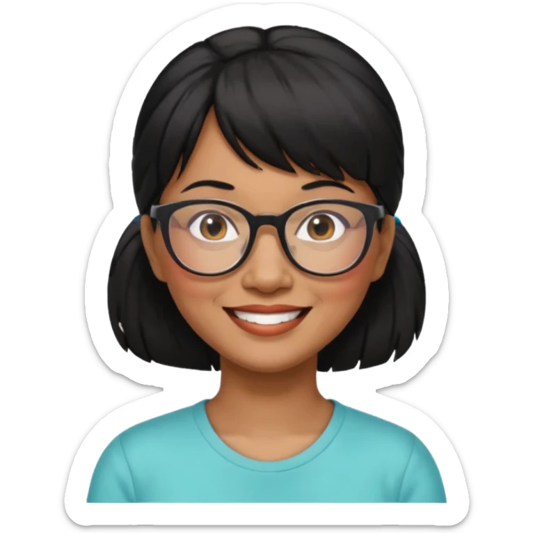 filipino woman black hair in one pony tail with straight bangs and big glasses, 60 yr old

 sticker