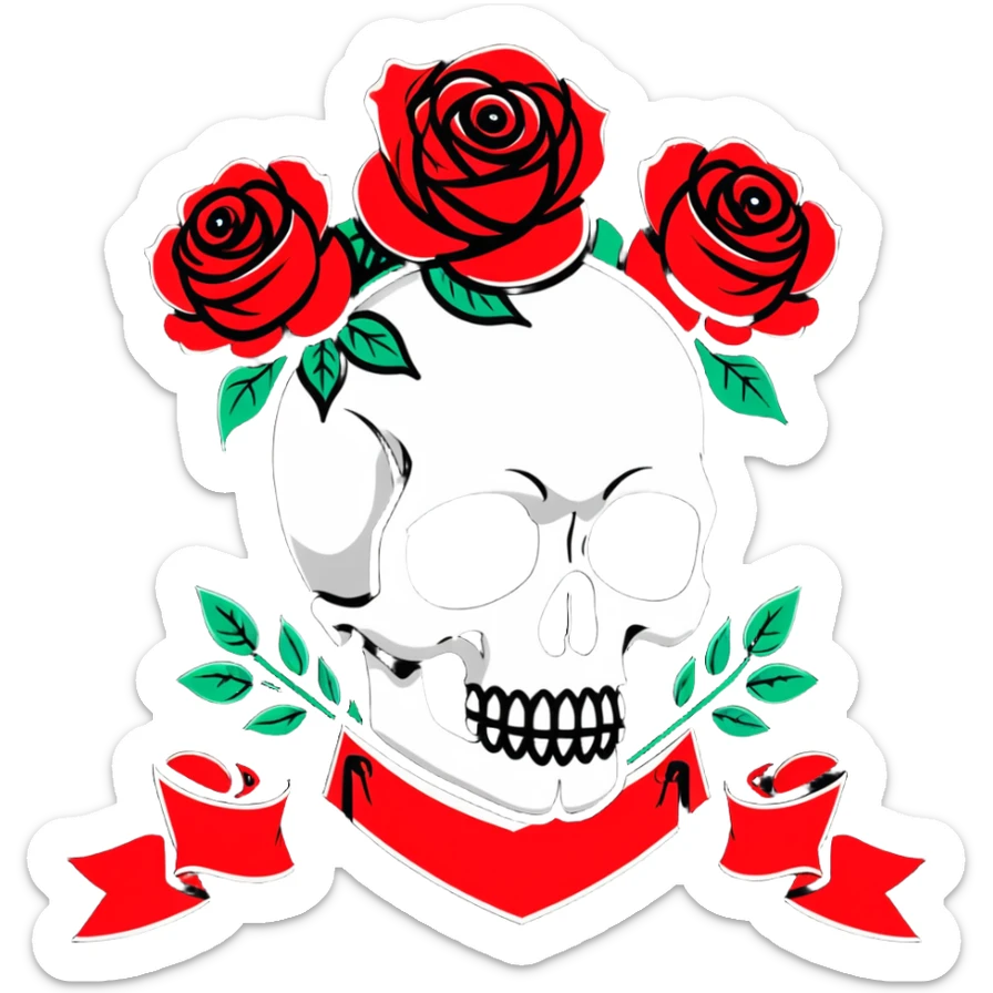 Traditional Americana tattoo art skull with bold outlines, red roses, and a banner sticker
