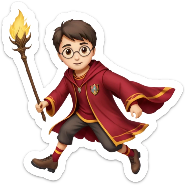 Cartoon-style illustration of Harry Potter flying on a broomstick, Gryffindor red and gold outfit, expressive face, dynamic motion, magical vibe, smooth shading, vibrant colors, no background, transparent background, isolated character. sticker
