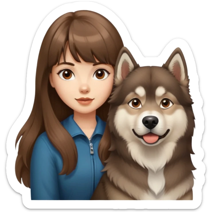 A beautiful Caucasian girl with brown blunt bangs and big wavy hair, and a brown Alaskan Malamute dog. sticker