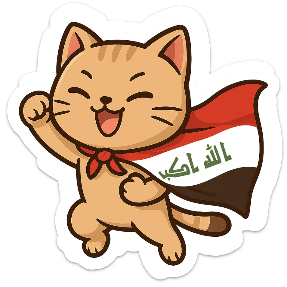 cat wearing the Iraq flag as a superhero cape, comical pose, cartoon style sticker