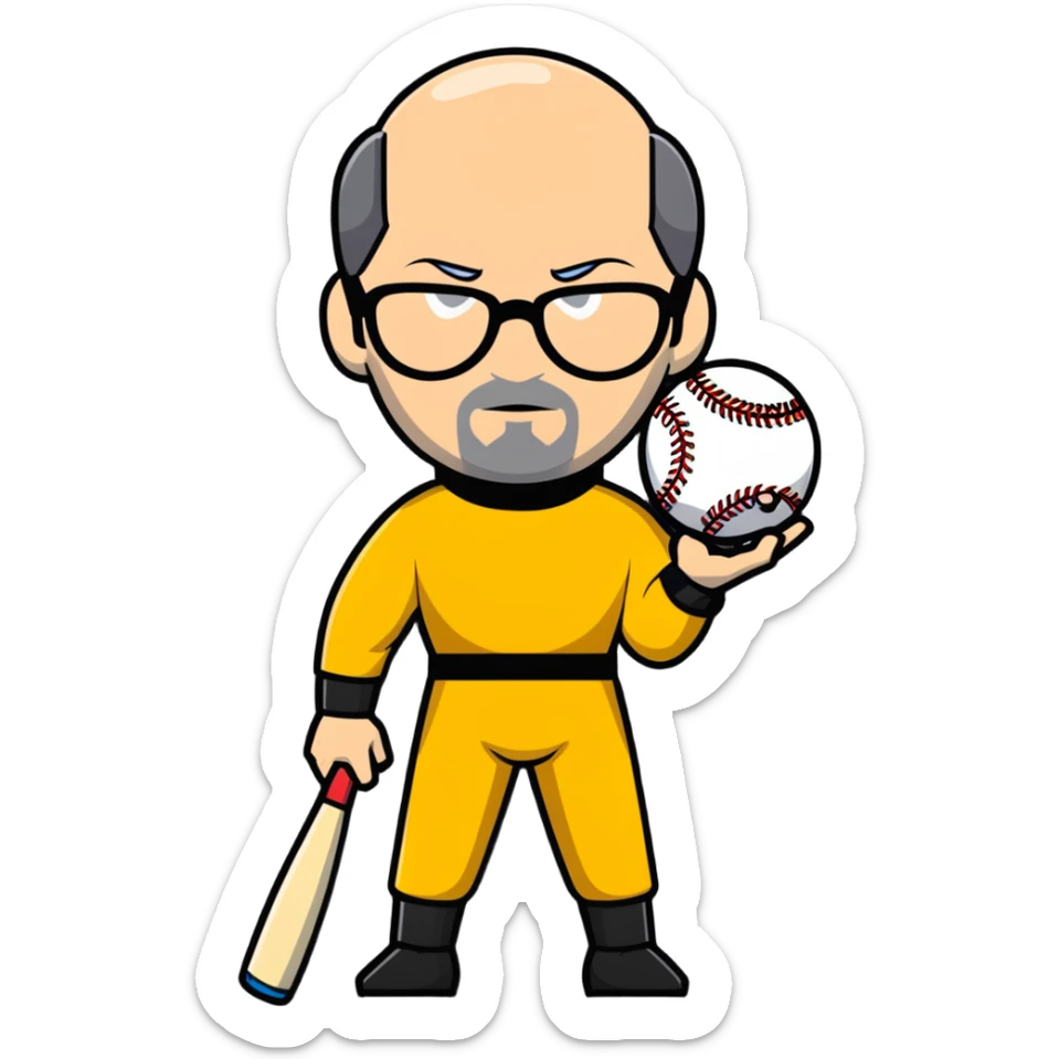 Steve Jobs with glasses and black turtleneck under Bruce Lee yellow jumpsuit, holding baseball bat and ball sticker