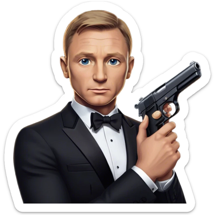 Cinematic Realistic James Bond Daniel Craig Portrait Emoji, depicted as the ultimate suave and enigmatic secret agent, donning a sharply tailored tuxedo, gripping a sleek handgun, with a piercing gaze that exudes confidence and danger. The scene is infused with moody, high-contrast cinematic lighting, evoking the thrilling world of espionage and intrigue. sticker