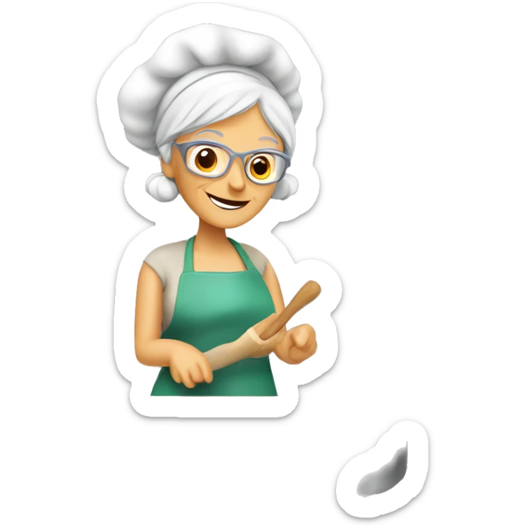 Cute cartoon Italian woman looking grandma cooking marshmallows in kitchen sticker