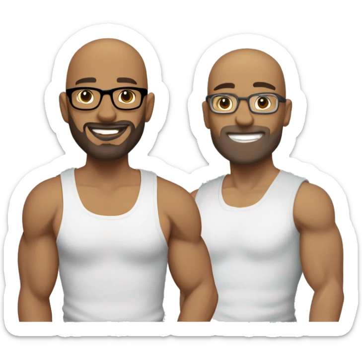 two gay male couple, one of them is a bald, light skin man, with muscled body, tall, with glasses, and the other one is shorter, with darker skin, also  muscled, with long hair in a ponytail, and hairy body, both have a light beard sticker